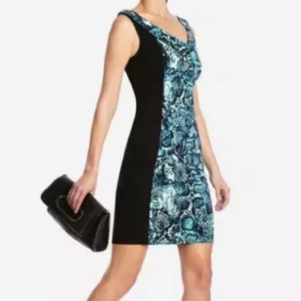 BCBGMaxAzria Isis Blue Surf Combo Snakeskin Print Midi Dress S Ruched Bodycon